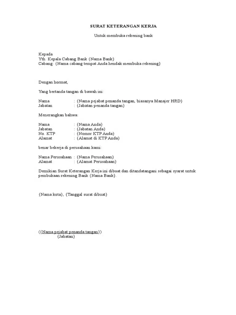 Contoh Surat Keterangan Kerja untuk Buka Rekening