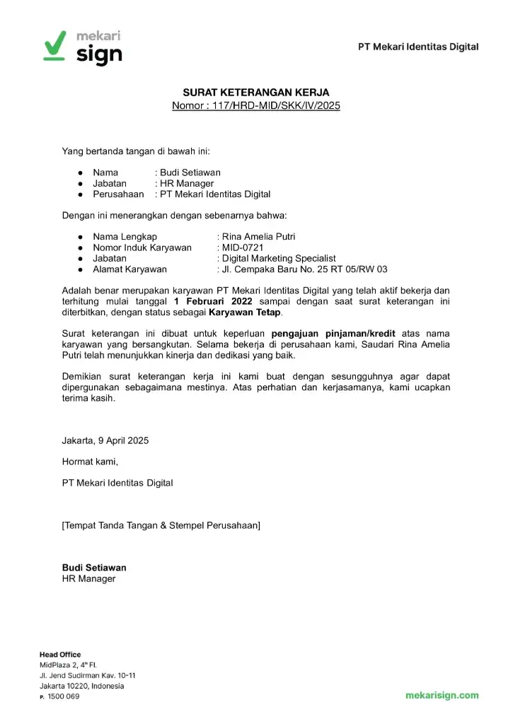 Contoh Surat Keterangan Kerja untuk Pengajuan Pinjaman_Kredit - Mekari Sign.docx