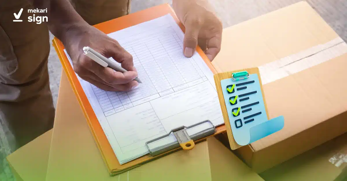 formulir surat pengajuan barang sedang ditulis tangan dengan clipboard oranye