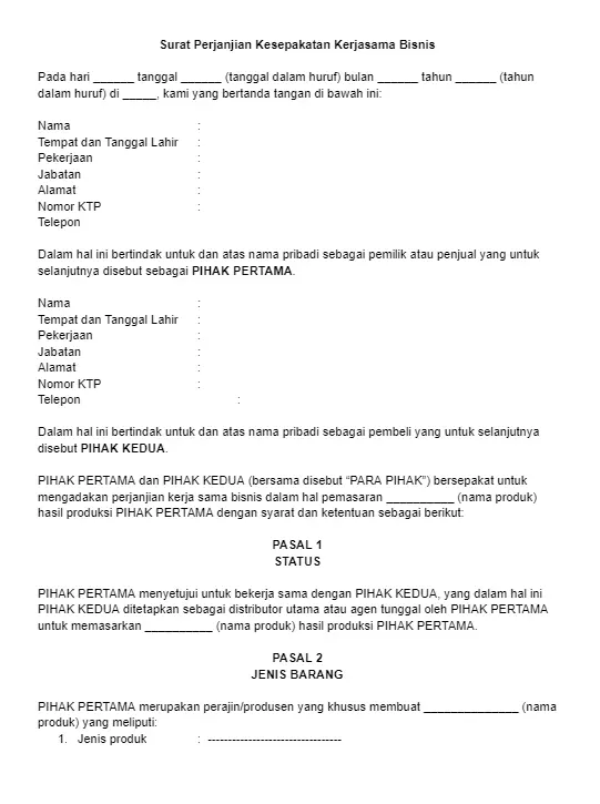 Contoh Surat Perjanjian Kesepakatan Bisnis