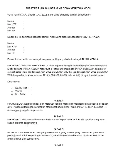 Contoh Surat Perjanjian Sewa Mobil Perorangan