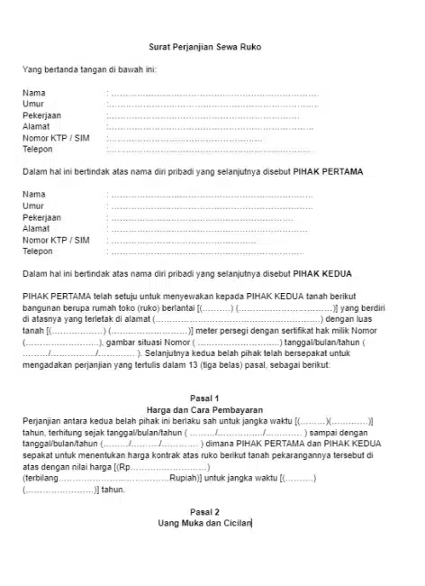 Contoh Surat Perjanjian Sewa Ruko Lengkap