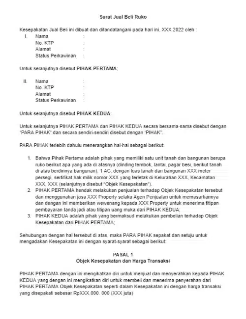 Contoh Surat Jual Beli Ruko