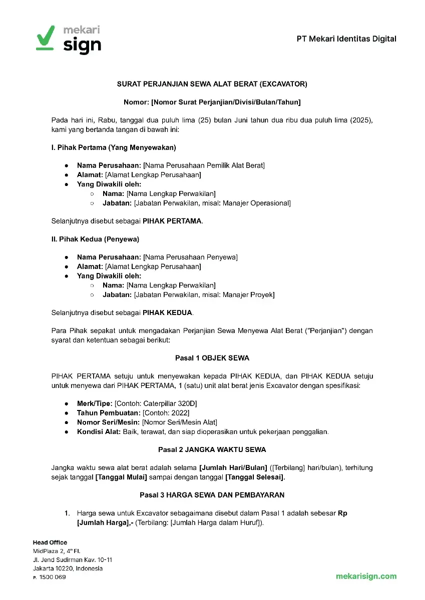 Contoh Surat Perjanjian Sewa Alat Berat Excavator