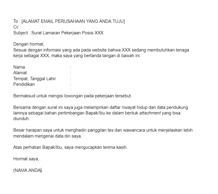Contoh Lamaran Kerja via Email Indonesia Sederhana