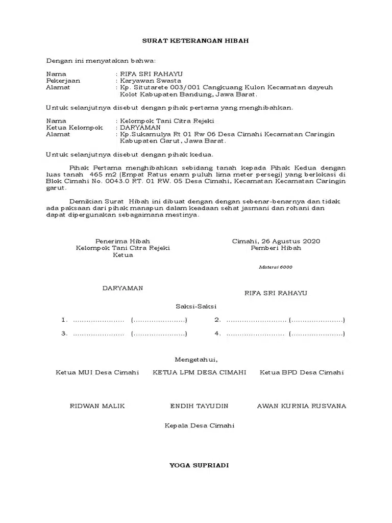 Contoh Surat Hibah Tanah Warisan