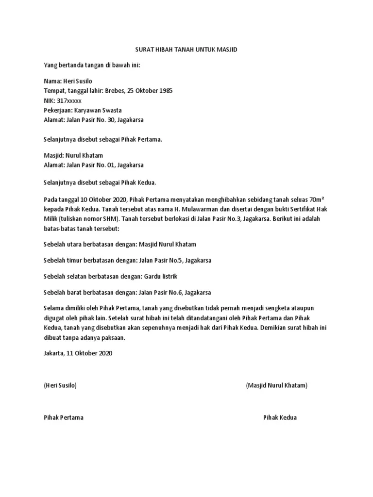 Contoh Surat Hibah Tanah untuk Masjid