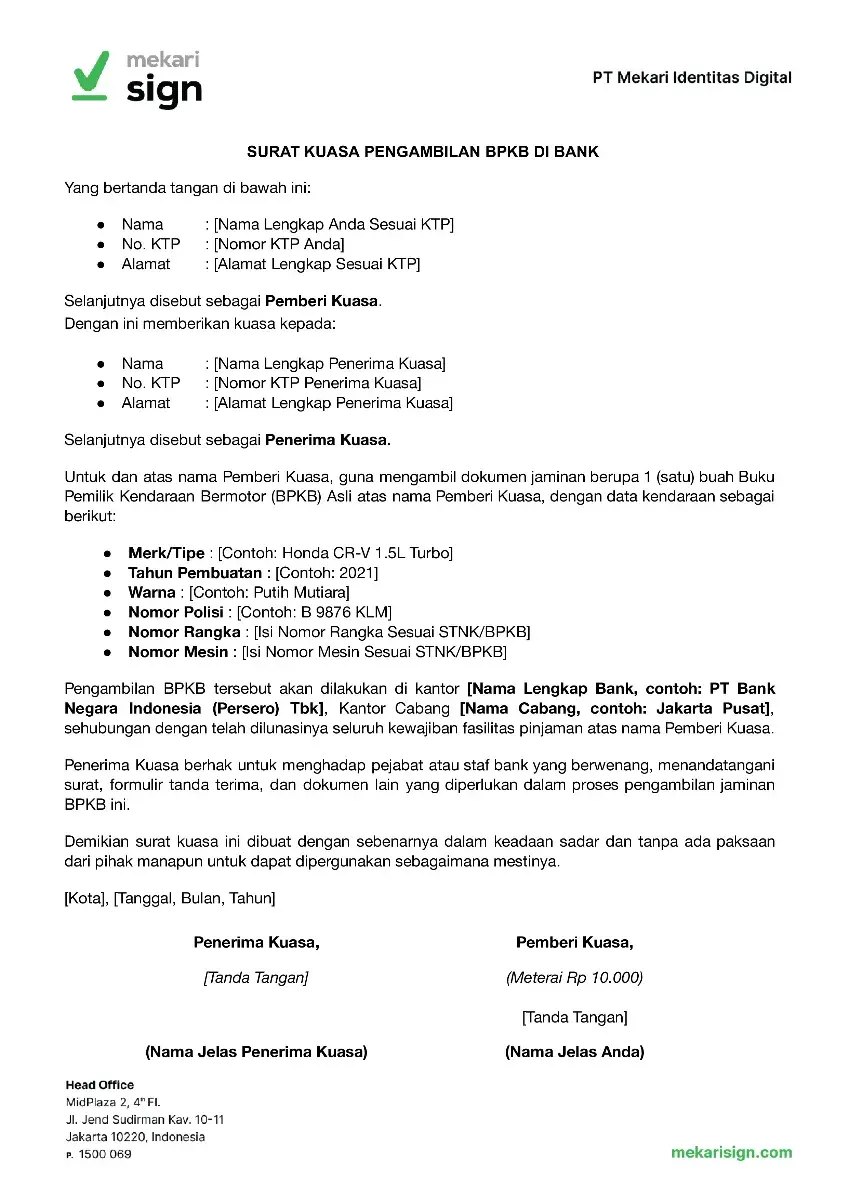 Contoh Surat Kuasa Pengambilan BPKB di Bank