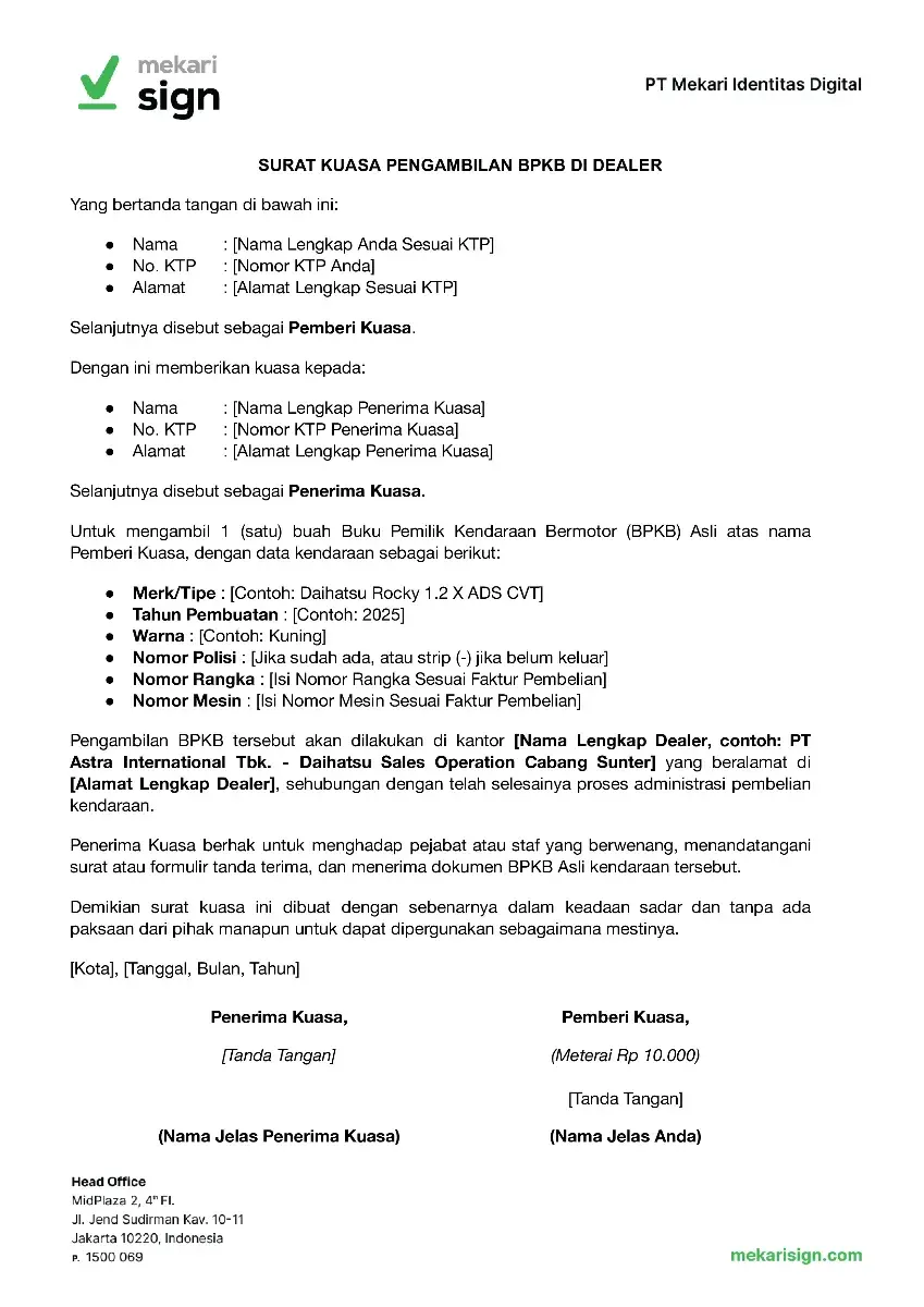 Contoh Surat Kuasa Pengambilan BPKB di Dealer