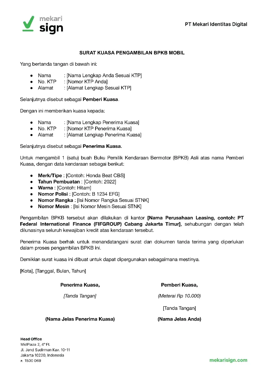 Contoh Surat Kuasa Pengambilan BPKB di Leasing