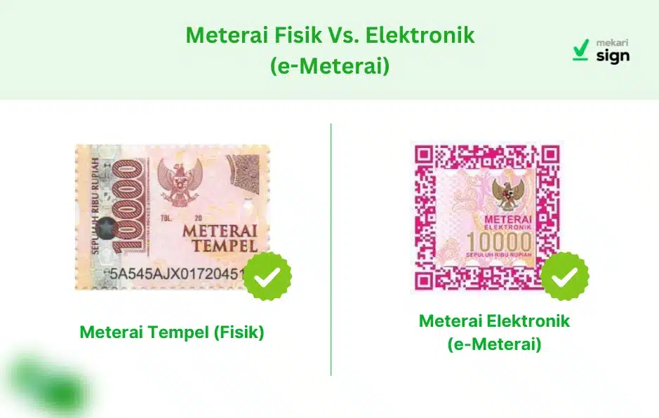 Infografis perbandingan antara meterai tempel fisik dan e-meterai elektronik yang menunjukkan gambar meterai tempel Rp10.000 dengan tulisan "METERAI TEMPEL" dan e-meterai Rp10.000 dengan kode QR dan tulisan "METERAI ELEKTRONIK", digunakan untuk menjelaskan perbedaan jenis meterai resmi yang berlaku di Indonesia.