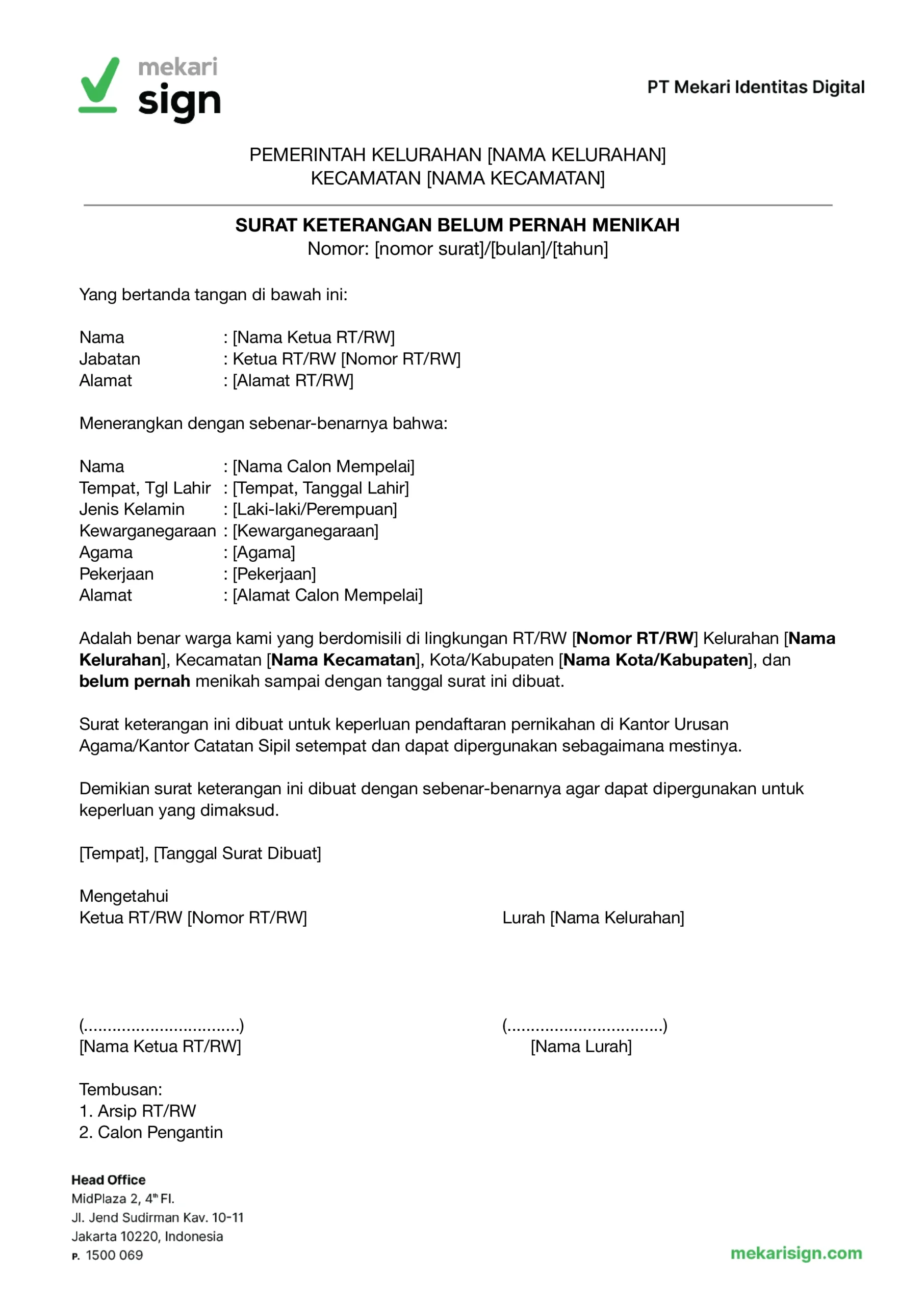 Contoh Surat Keterangan Belum Pernah Menikah - Mekari Sign