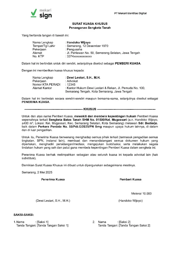 Contoh Surat Kuasa Pengurusan Tanah Sengketa