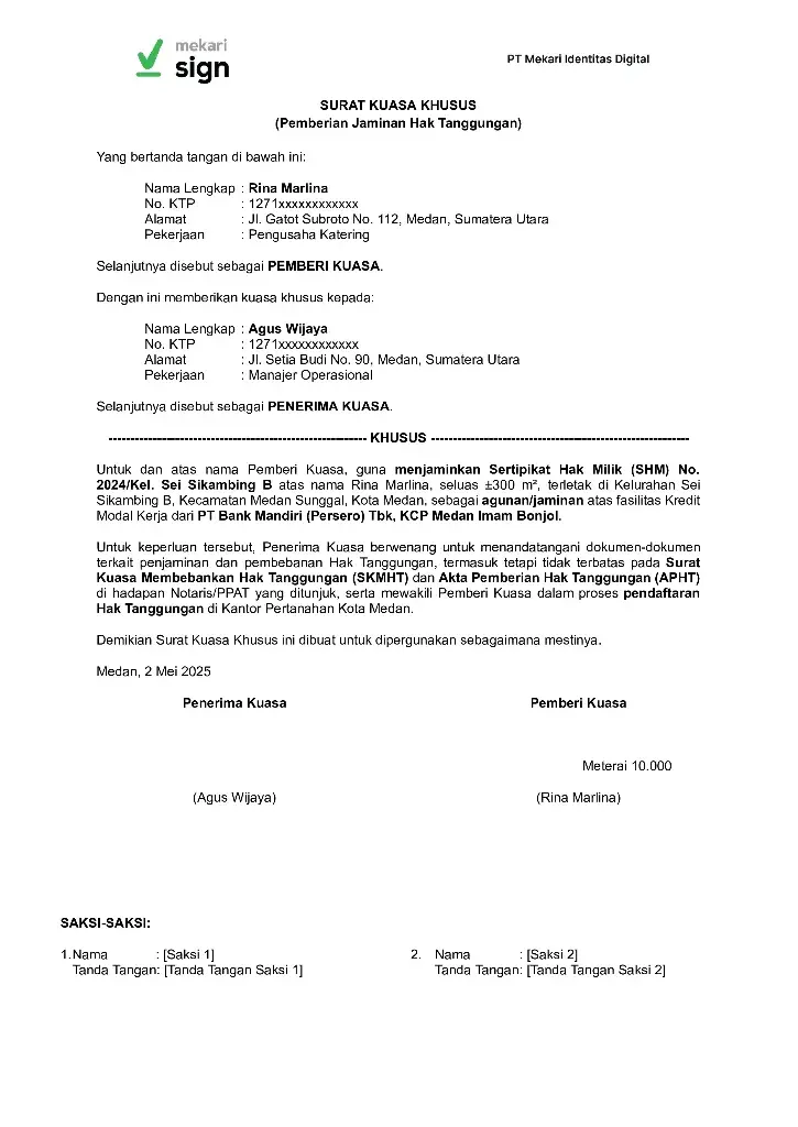 Contoh Surat Kuasa Sertifikat Tanah untuk Jaminan Bank