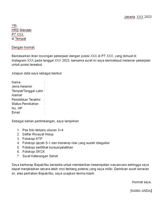 Contoh Surat Lamaran Pekerjaan Berdasarkan Iklan di Media Sosial