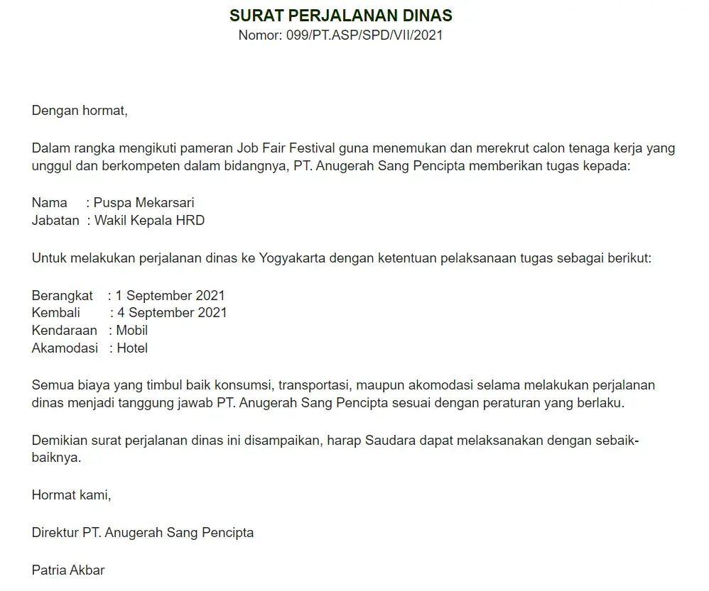 Contoh Surat Perjalanan Dinas Perusahaan Pada Umumnya