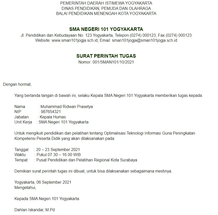 Contoh Surat Perjalanan Dinas Sekolah