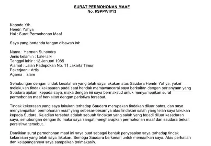 Contoh Surat Permohonan Maaf Melakukan Kekerasan
