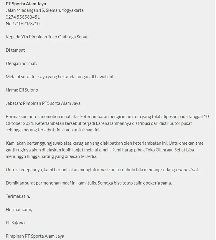 Contoh Surat Permohonan Maaf ke Perusahaan