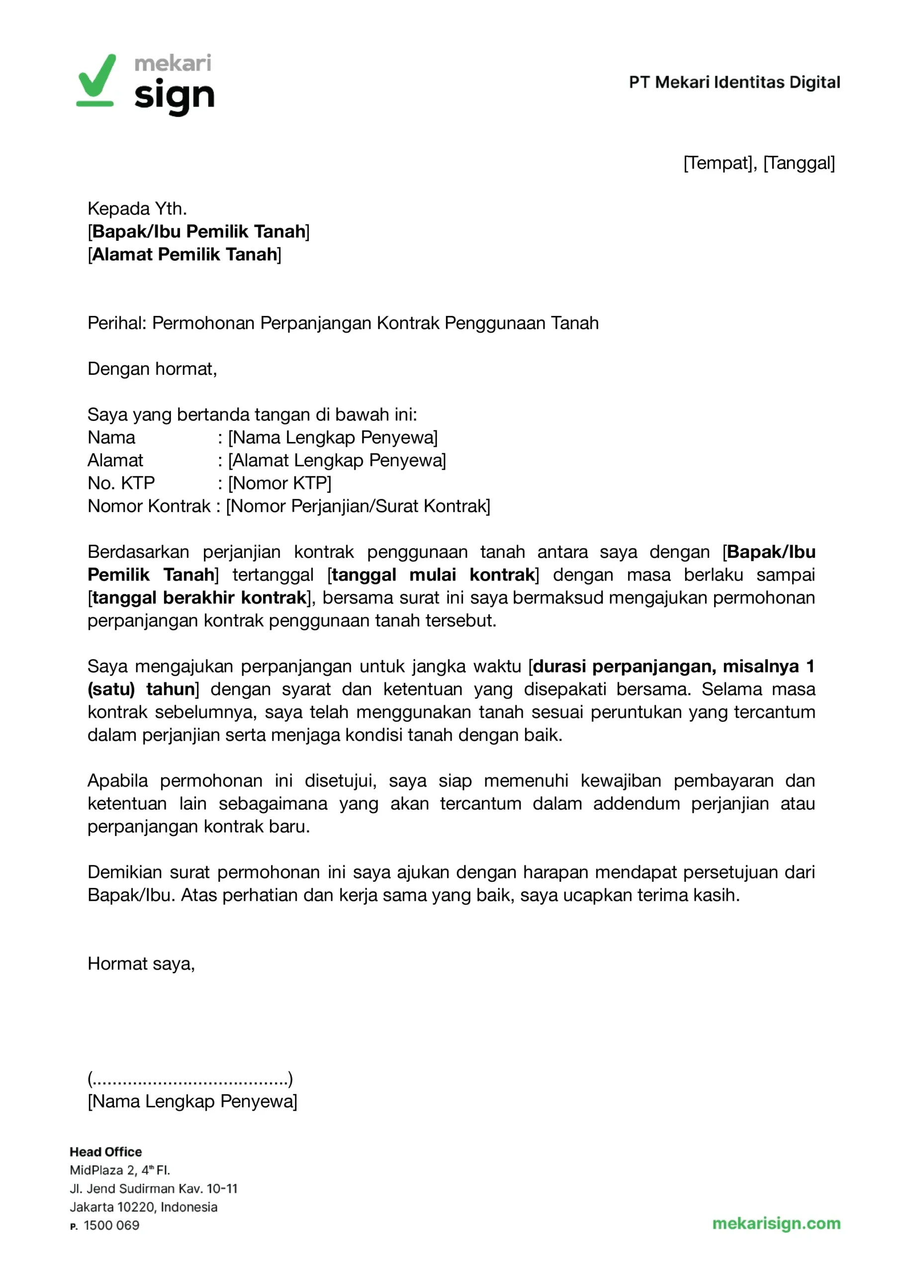 Contoh Surat Permohonan Perpanjangan Kontrak Penggunaan Tanah
