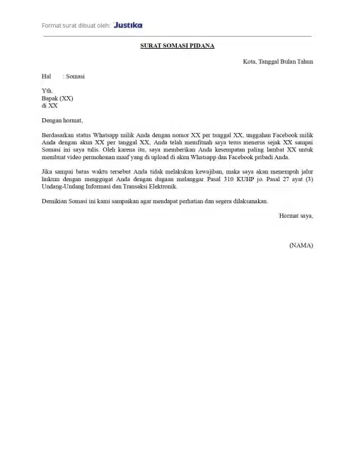 Contoh Surat Somasi Ancaman Pidana