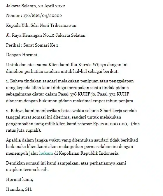 Contoh Surat Somasi dengan Pengacara 2