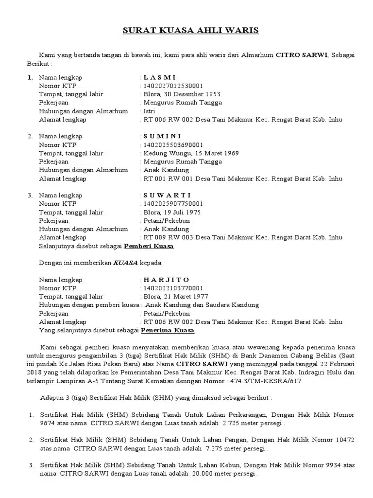 Surat Kuasa Ahli Waris Tanah