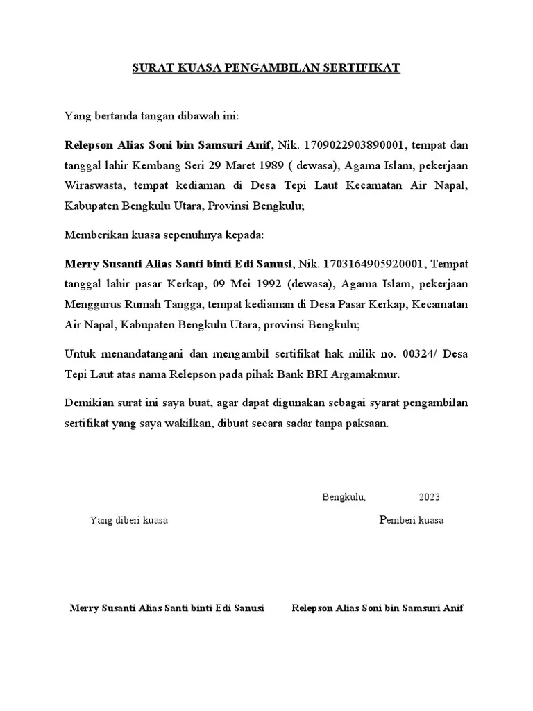 Surat Kuasa Pengambilan Sertifikat Tanah di Bank