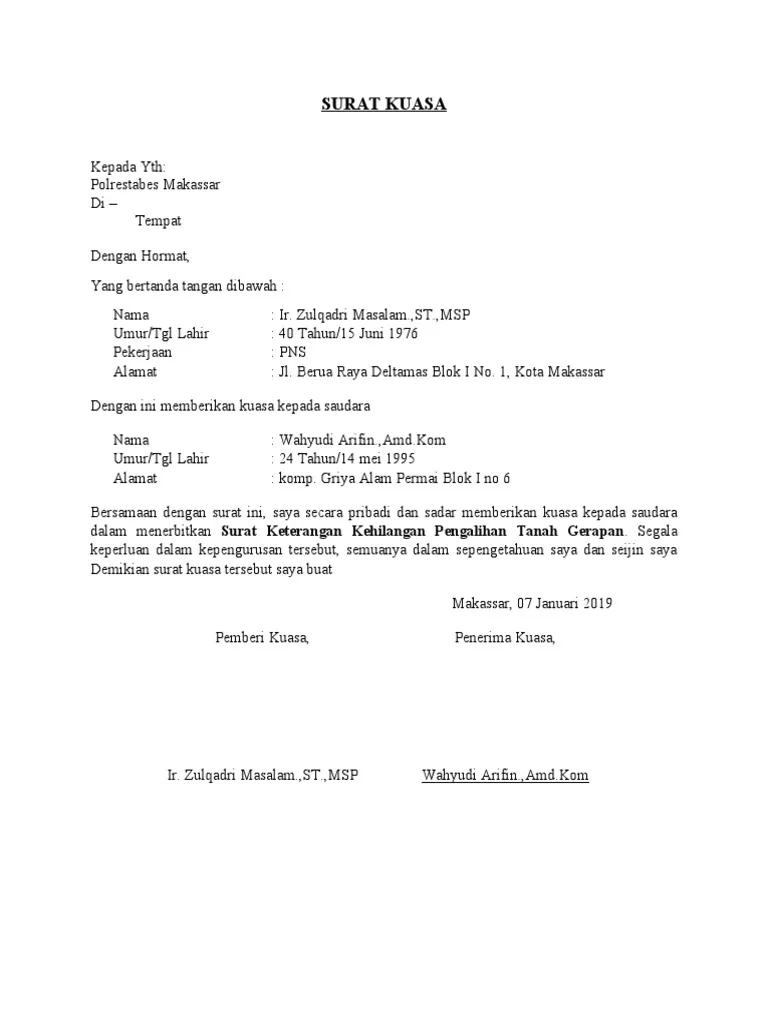 Surat Kuasa Pengurusan Sertifikat Tanah yang Hilang