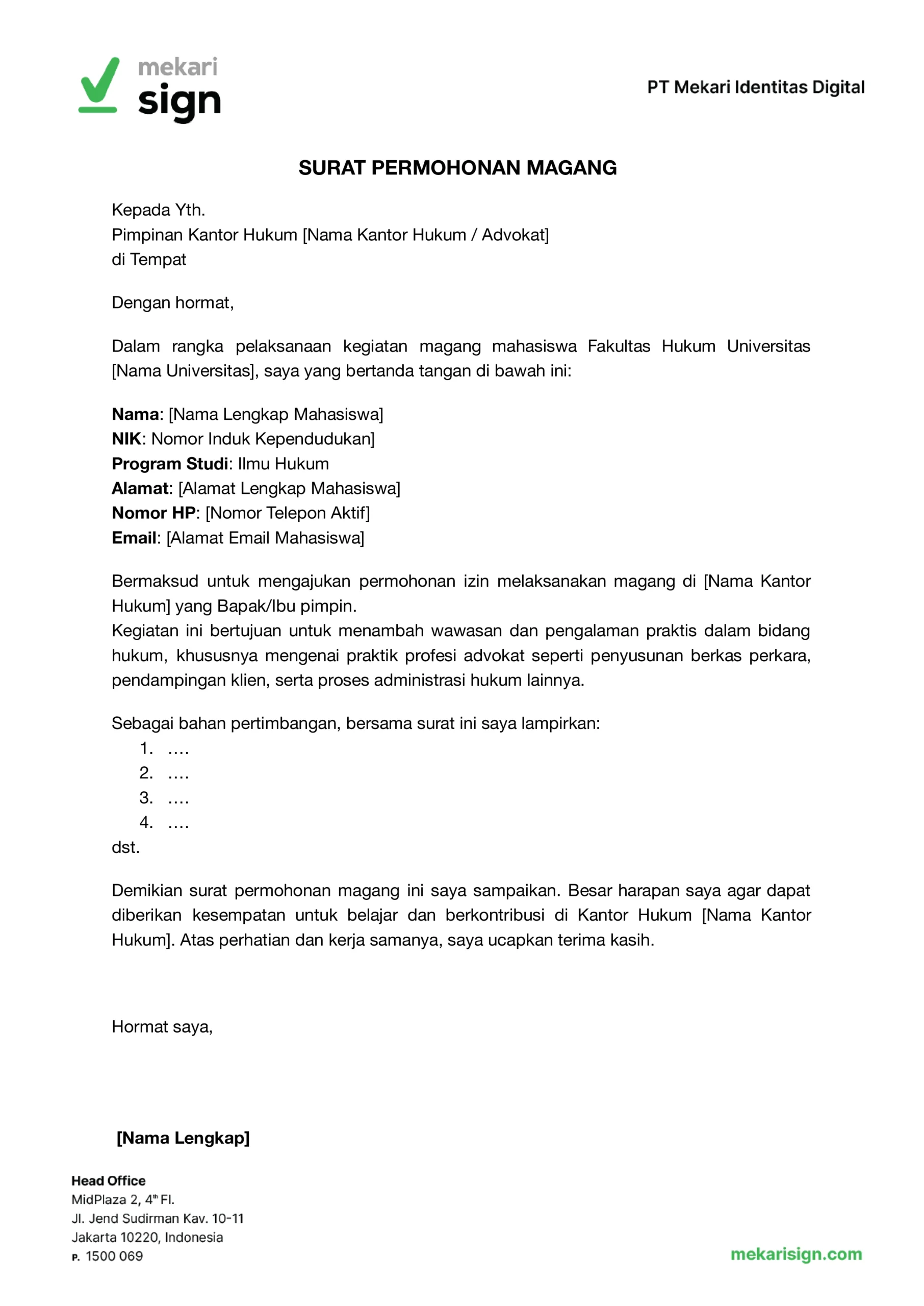 contoh surat permohonan magang untuk advokat atau hukum dari mekari