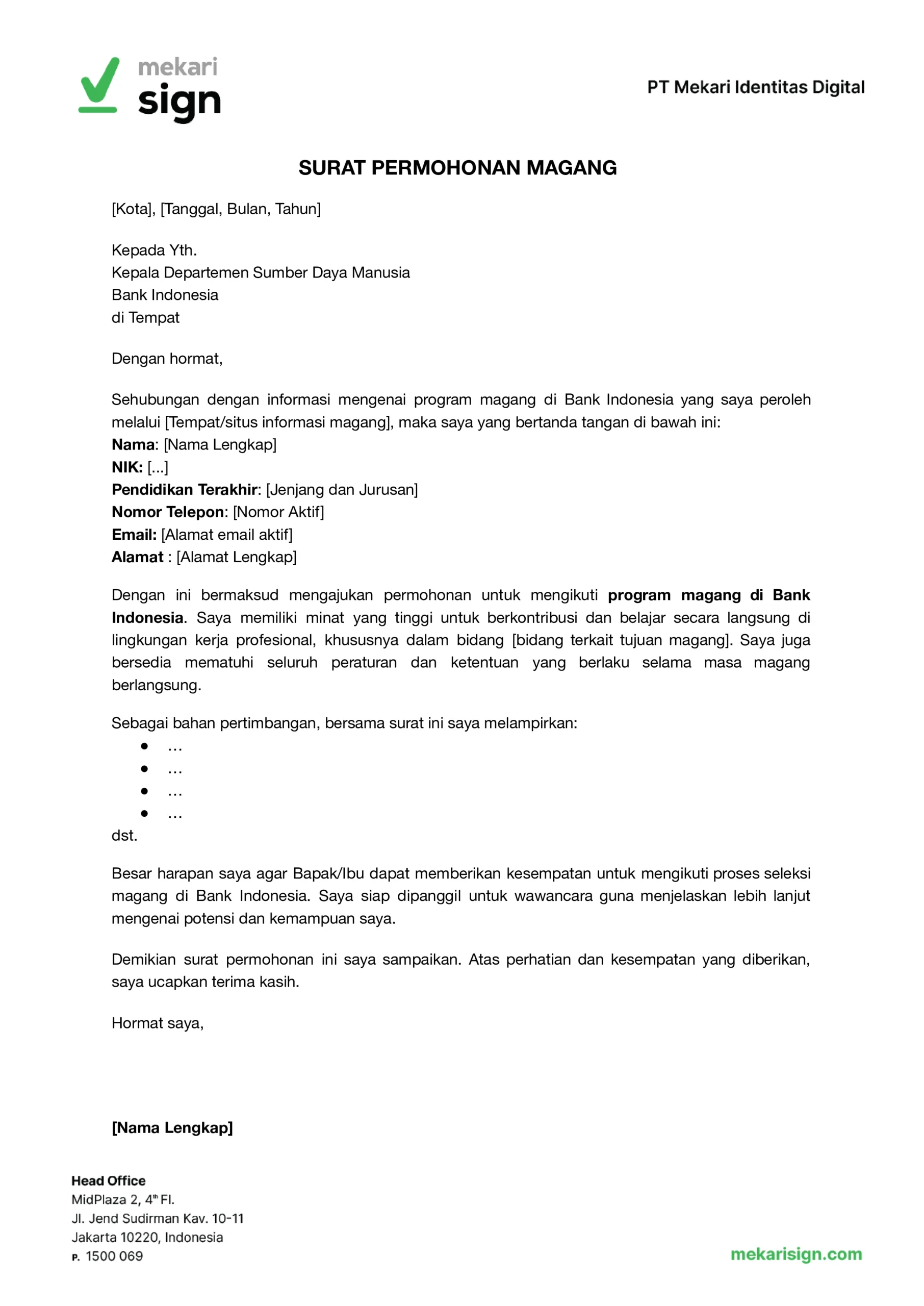 contoh surat permohonan magang di bank indonesia dari mekari