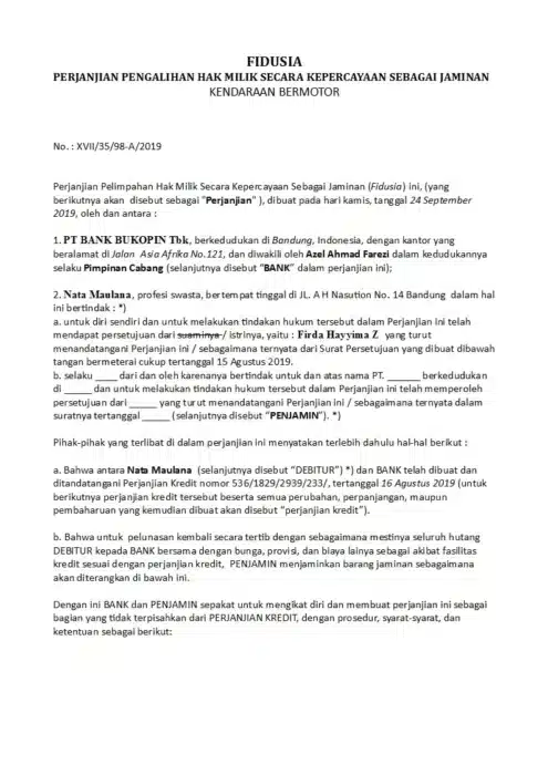 contoh perjanjian tidak bernama adalah Perjanjian Fidusia
