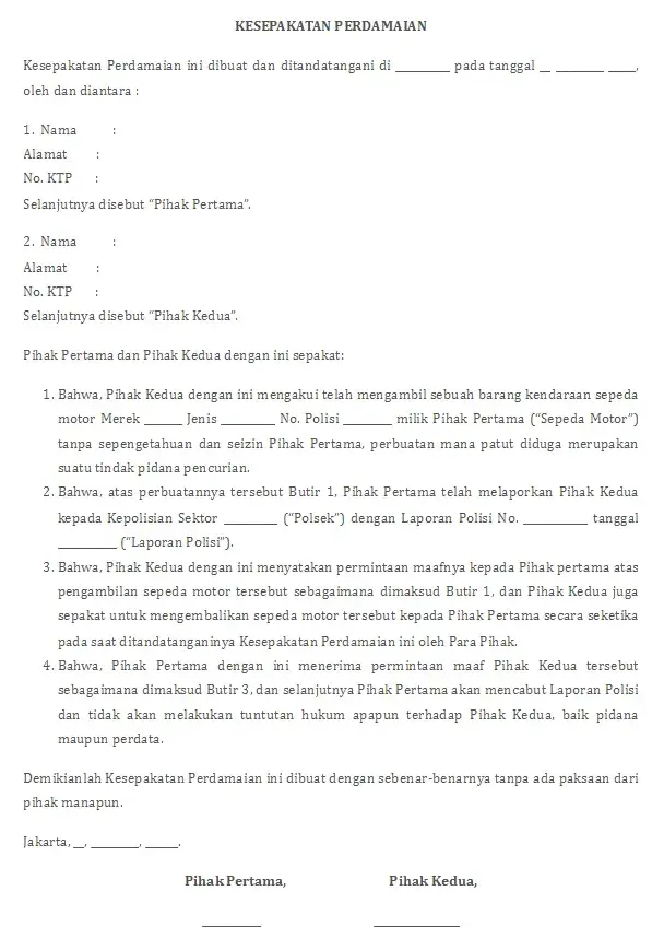 Contoh Surat Perjanjian Damai Sederhana 1