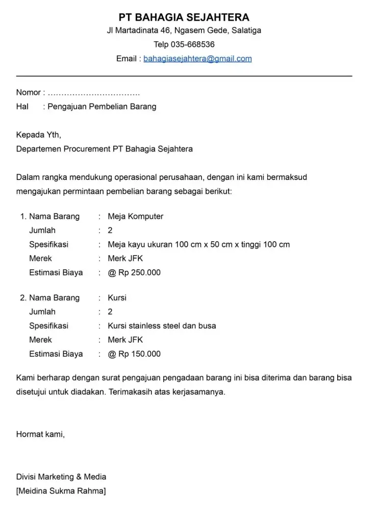 Contoh Surat Permintaan Barang Ke Perusahaan