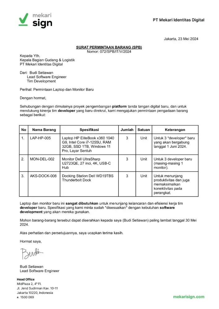 Detail Contoh Surat Permintaan Barang Elektronik - Mekari Sign