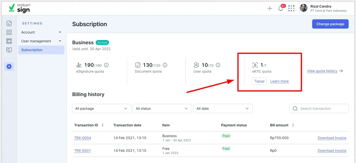 tampilan kuota ekyc di dashboard Mekari Sign
