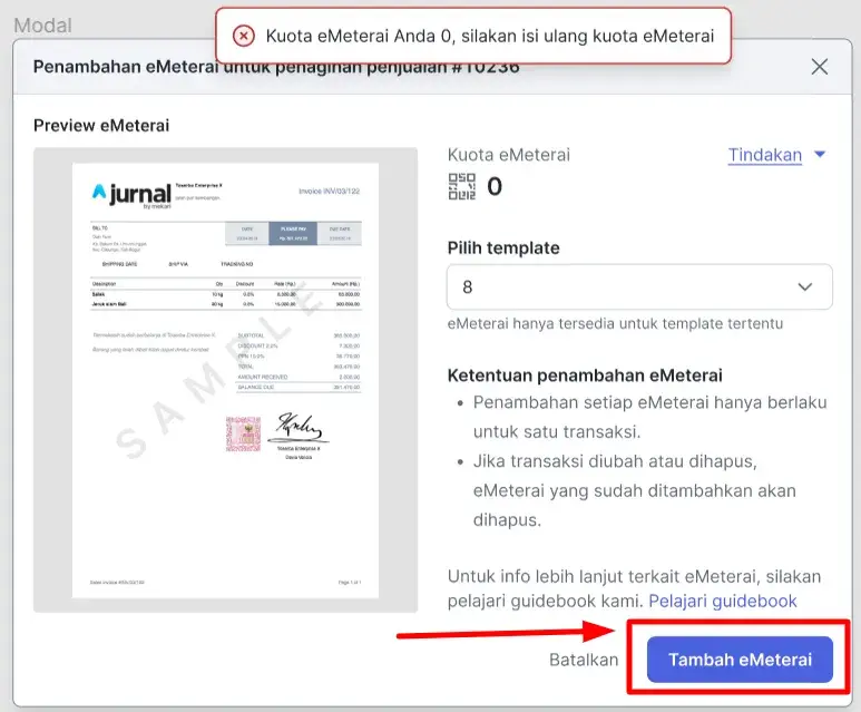 gambar Akun Jurnal Sudah Terhubung, tapi Tidak Memiliki Kuota eMeterai