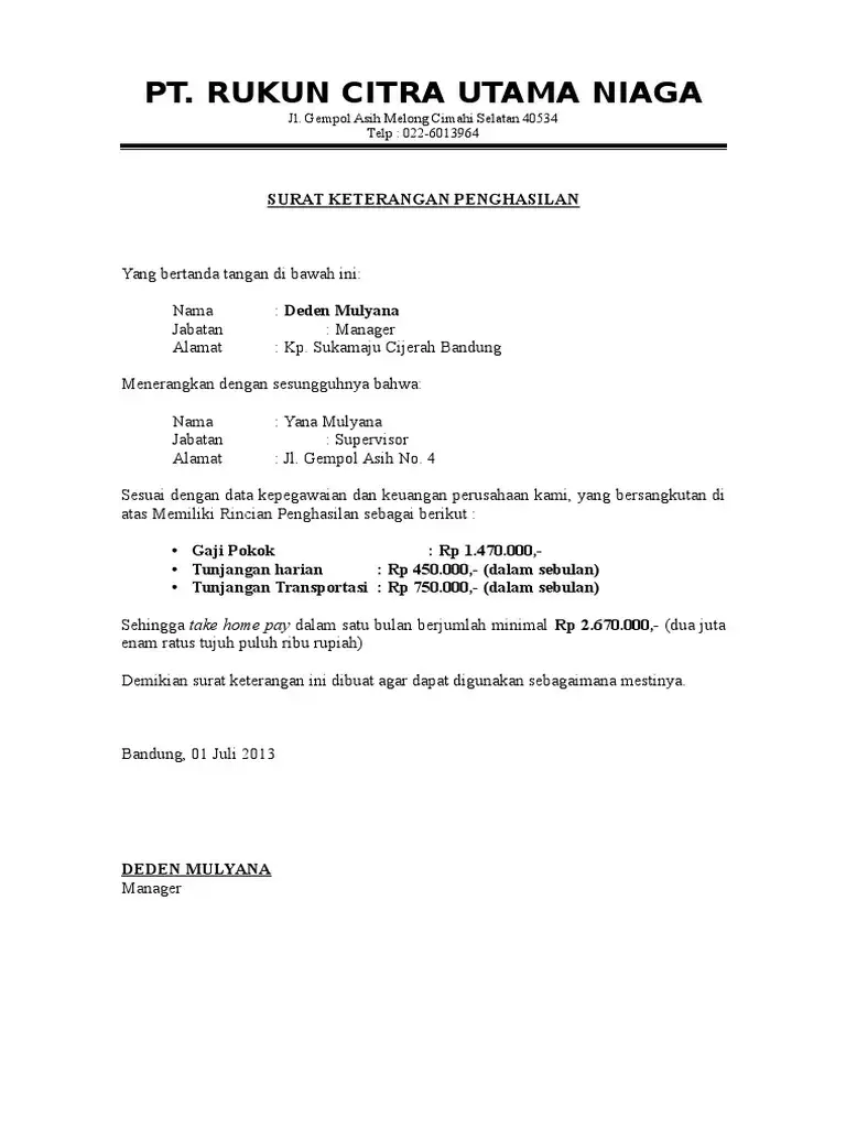 Contoh Surat Keterangan Penghasilan Karyawan 4