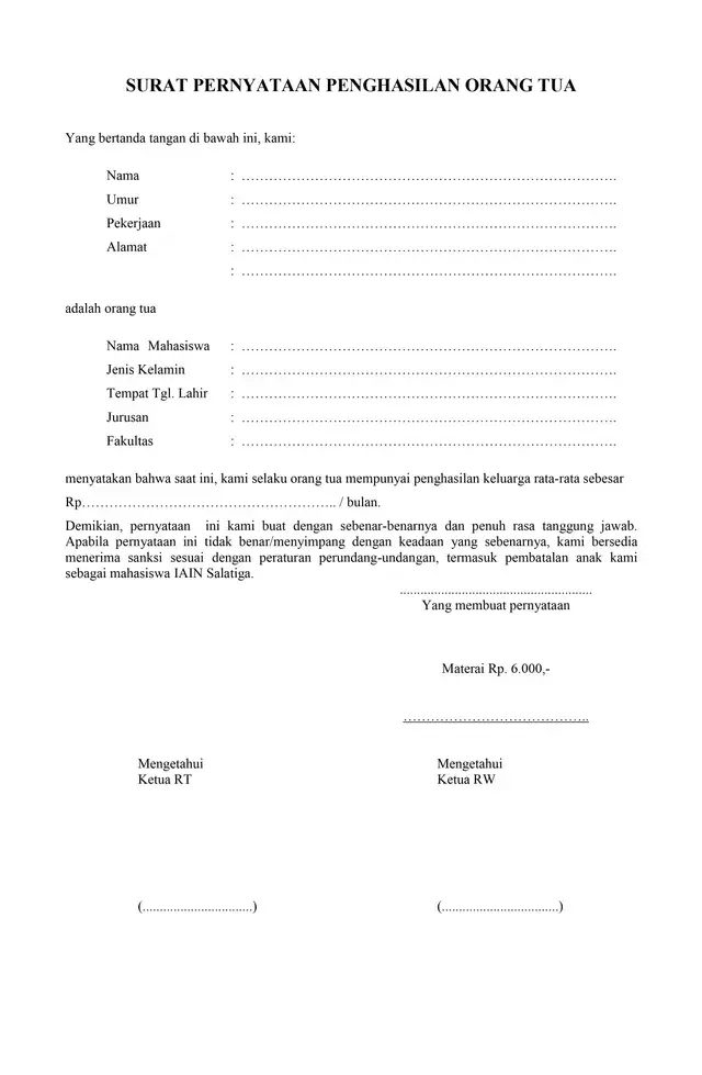 Contoh Surat Keterangan Penghasilan Orang Tua 2