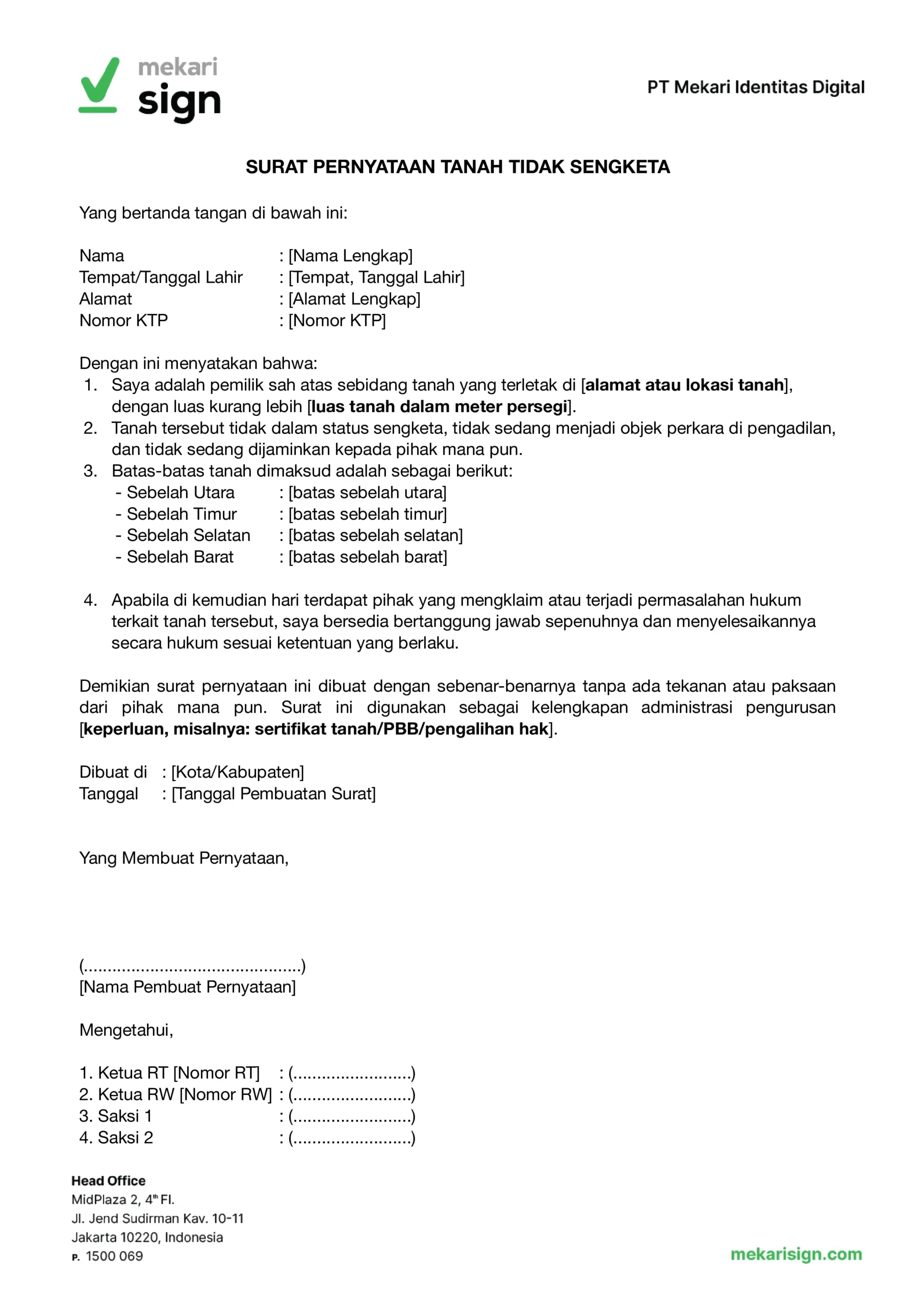 Contoh Surat Pernyataan Tanah Tidak Sengketa - Mekari Sign