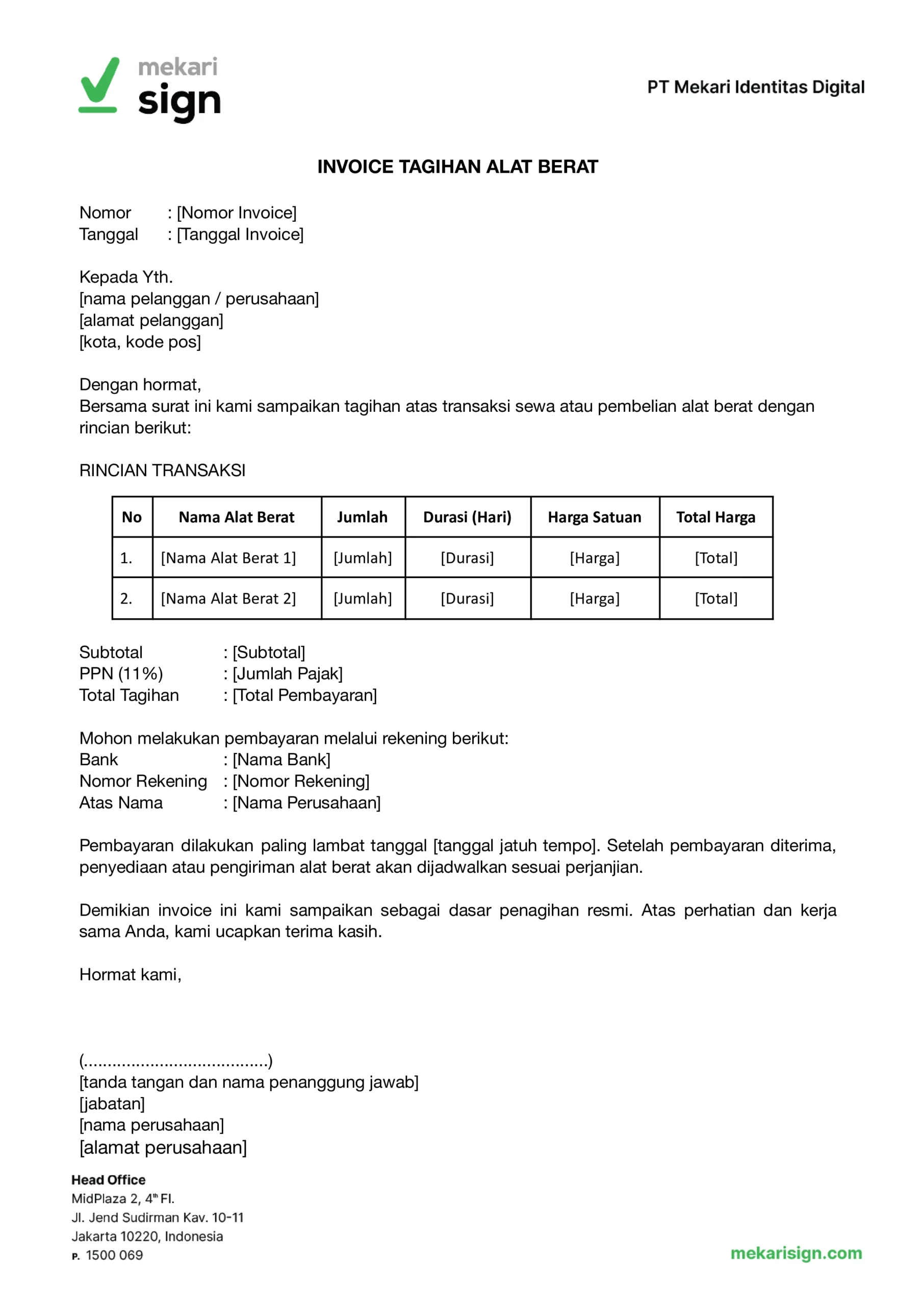 Contoh Invoice Tagihan Alat Berat - Mekari Sign