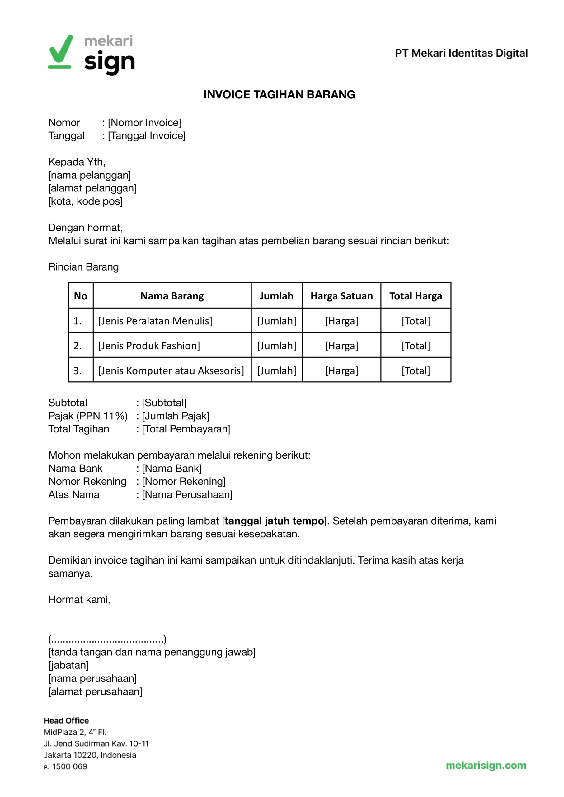 Contoh Invoice Tagihan Barang Umum - Mekari Sign