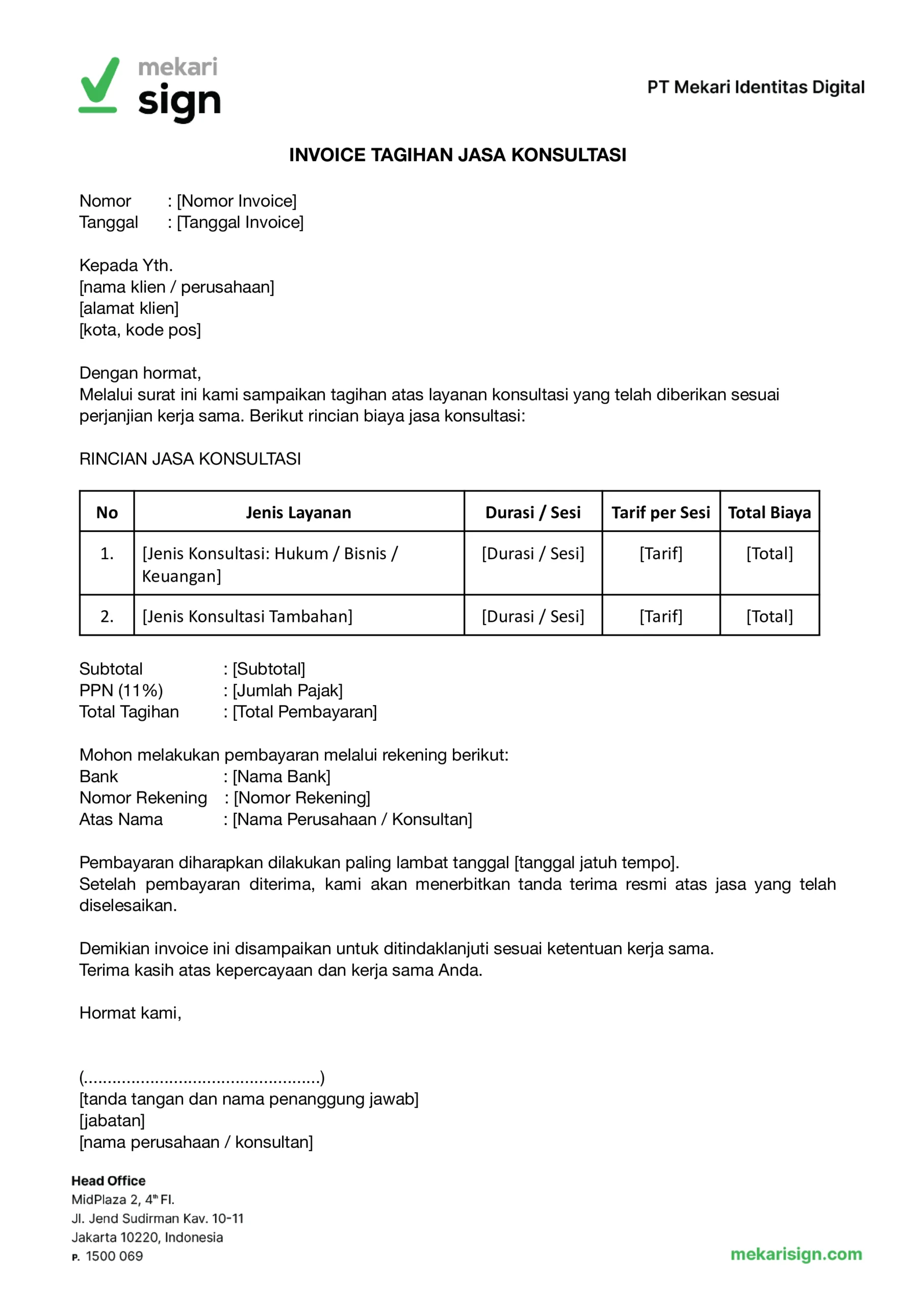 Contoh Invoice Tagihan Jasa Konsultasi - Mekari Sign