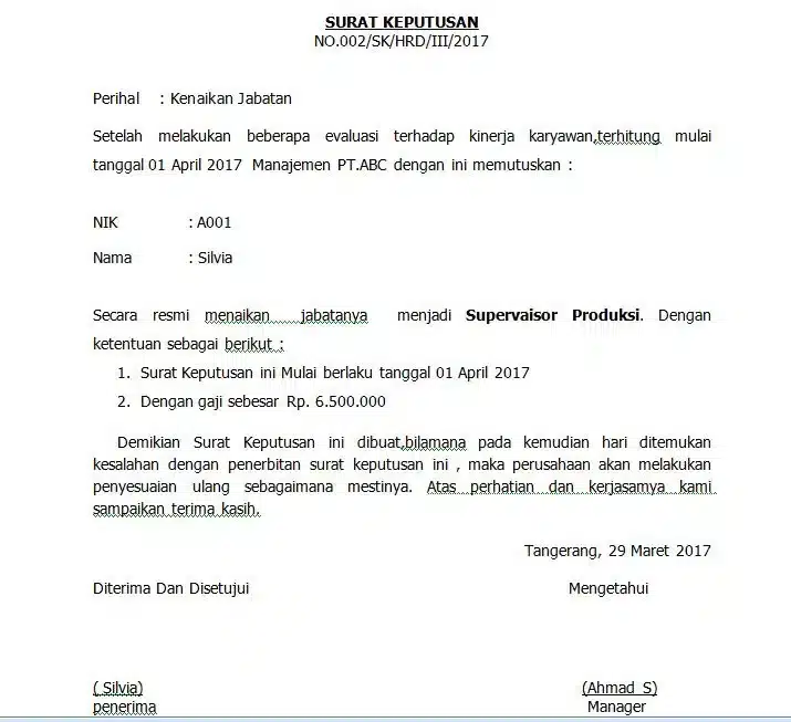 Contoh SK Kenaikan Jabatan Supervisor