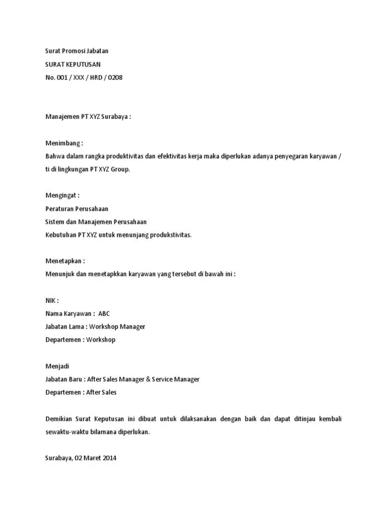 Contoh Surat Promosi Jabatan Manager
