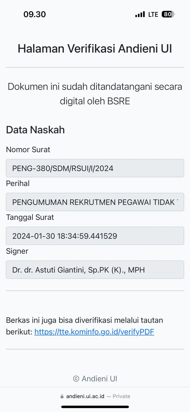 Informasi yang muncul pada tanda tangan QR code