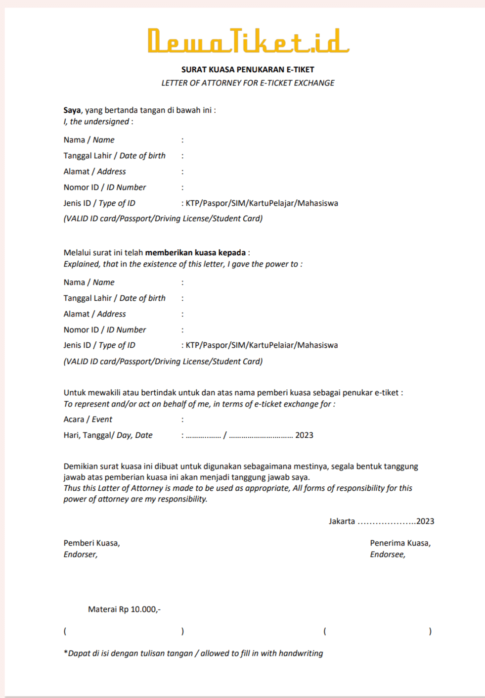Contoh surat kuasa pengambilan tiket konser secara umum