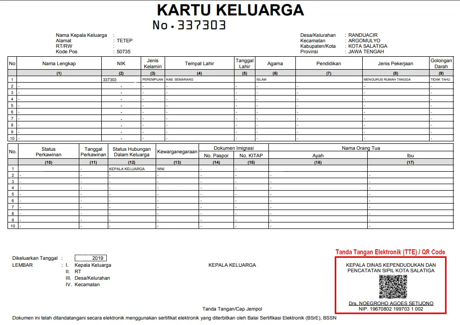 Kartu Keluarga Dengan Tanda Tangan Elektronik dan Tanda Tangan QR Code