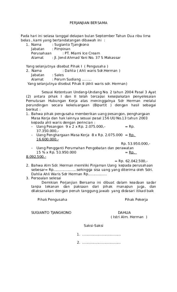 Contoh Surat Perjanjian Bersama PHK