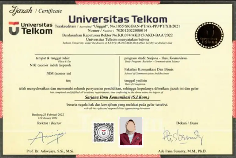 Penggunaan tanda tangan digital dan QR code dalam Ijazah Telkom University.